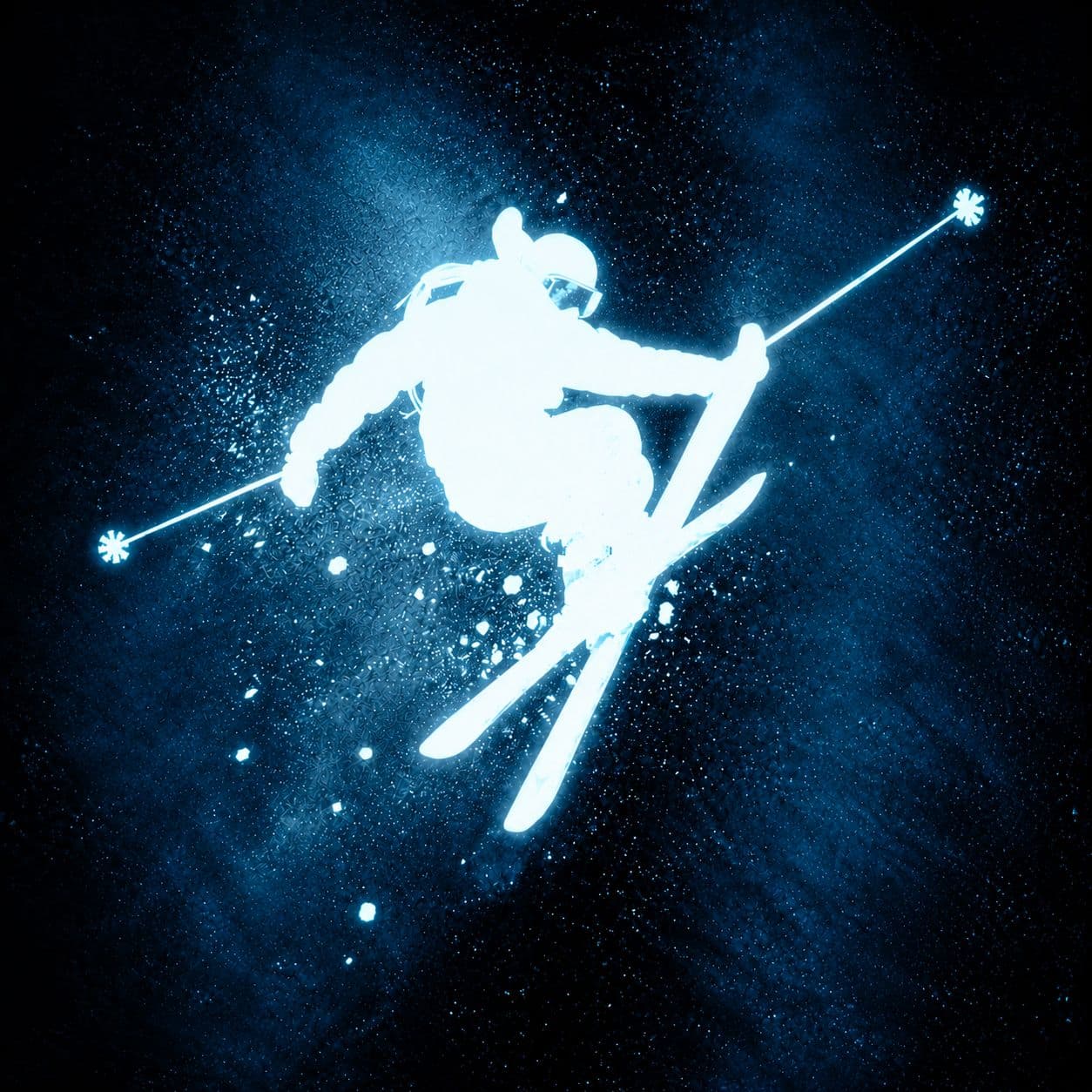 Glowing skier mid-jump against a dark blue night sky