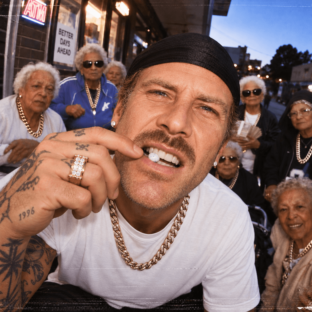 Man biting a piece of gum, surrounded by elderly women outside a corner store